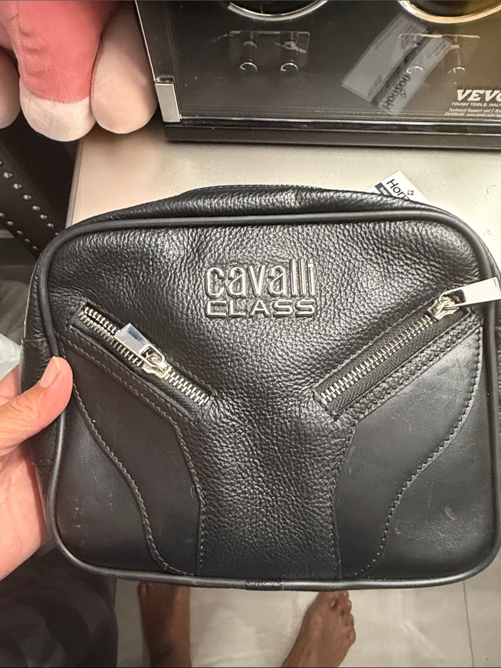 Cavalli Class Black Leather Toiletry/Crossbody Pouch with Silver Hardware
